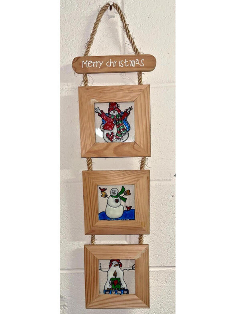 3 Framed Fused Glass Christmas Pictures Hanging Ornament Handmade Unique